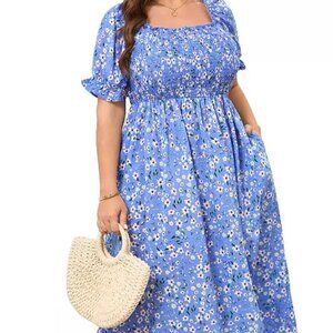 Women Short Sleeve Summer Floral Dress Plus Size Smocked Ruffle Square Neck